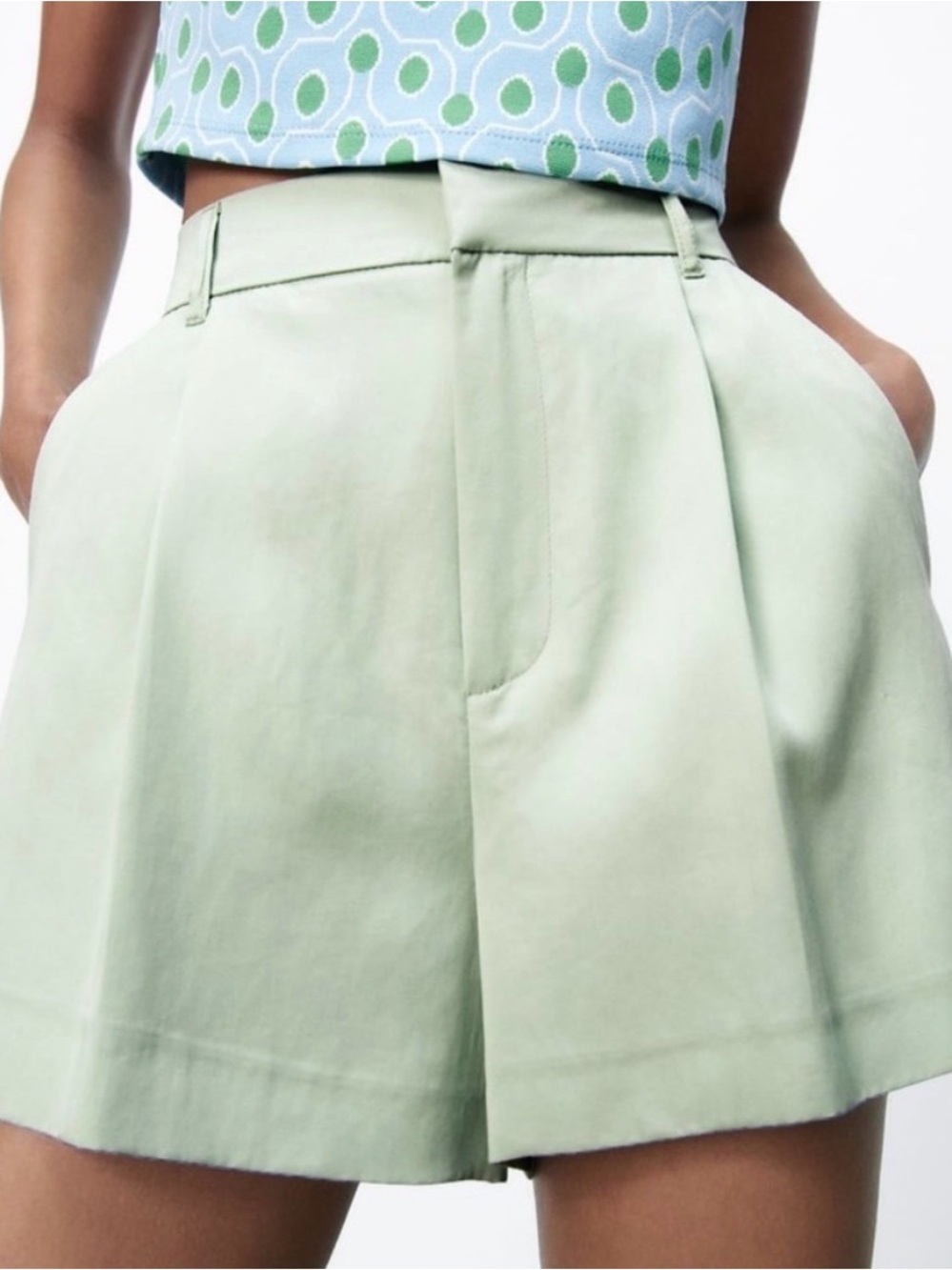 Zara High Waist Pleated Shorts in Sea Green
